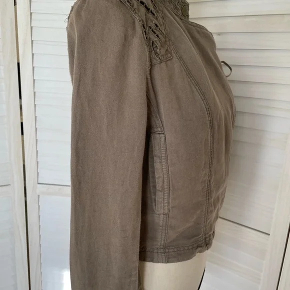 Free People Sz 4 Linen Cotton Eyelet Moto Jacket Olive Green Zip - Picture 8 of 13